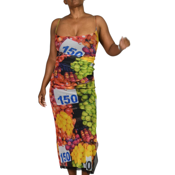 Zara Fruit Market Dress Black Multi Photorealistic Print Slip Midi Column Small - Picture 8 of 14